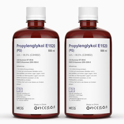 IMECIG 2 x 500ml PG Propylene Glycol liquid E1520, purely plant-based, 0% additives, high-quality.