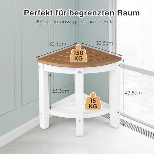 RELAX4LIFE corner shower bench, HDPE shower stool with storage, bathroom footrest for small spaces, waterproof shower stool up to 150kg capacity, 2-tier organizer for indoor showers, brown + white.