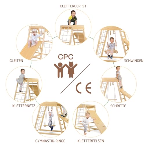 Indoor climbing frame for toddlers made of high-quality pine wood. Features a 7-in-1 set with climbing frame, triangular climbing ramp, slide, swing, rope ladder, rock wall, and dome.