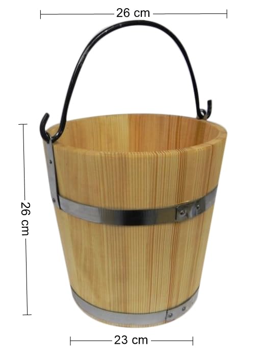 Large wooden bucket with metal ring and handle, 10 liters, old style, very sturdy, sauna bucket.