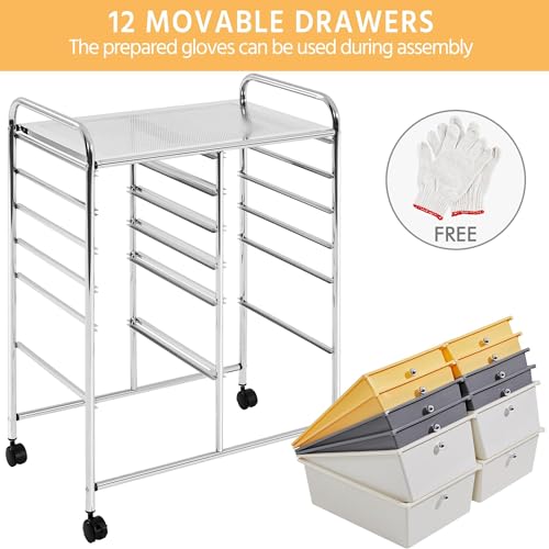 Yaheetech Kitchen Trolley on Wheels, Rolling Kitchen Cart with 12 Stackable Drawers, Utility Cart for Bathroom, Kitchen, Office, Makeup, 63 × 38.5 × 82 cm, Yellow/Gray/Beige.