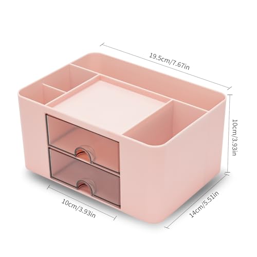 RISEMART desk organizer with 2 drawers, pencil holder, large capacity, stationery storage box for school, office, home, makeup, desk accessories, pink