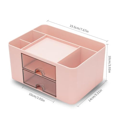 RISEMART desk organizer with 2 drawers, pencil holder, large capacity, stationery storage box for school, office, home, makeup, desk accessories, pink