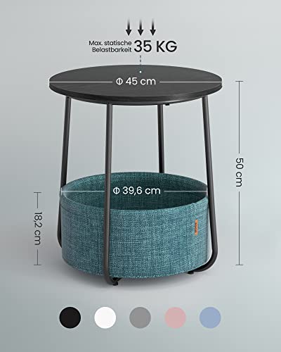 VASAGLE Side Table Round, Small Table, Small Coffee Table, Living Room Table, Fabric Basket, Storage for Living Room or Bedroom, Modern Nightstand, Ebony Black and Turquoise Blue LET223B56