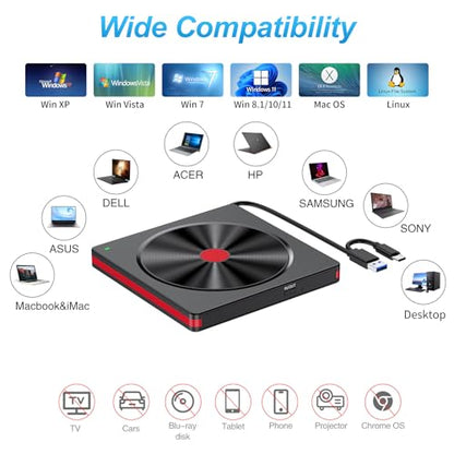 External DVD CD Drive, USB 3.0 & Type-C Portable CD DVD +/-RW Burner Optical Drive External CD ROM/DVD Drive for PC Laptop Desktop MacBook Windows 11/10/8.1/7 Linux/Mac