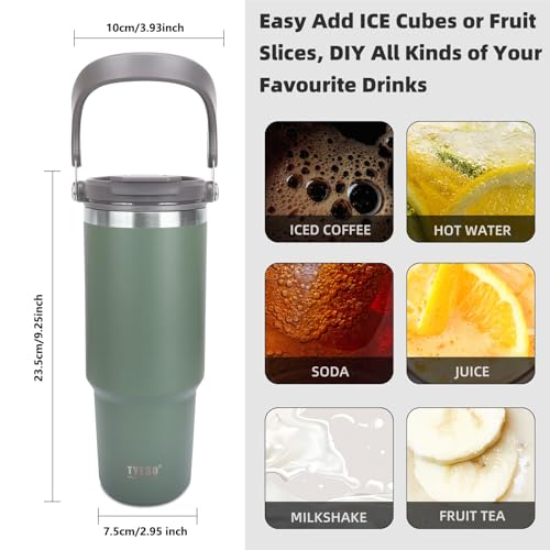 Riley Joy thermal cup 900ml, 1200ml drinking cup with lid and stainless steel straw insulation for hot and cold drinks coffee mug for water, coffee or iced tea (Green, 900 ml)