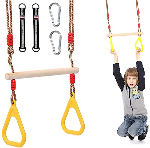 Morwealth Multifunctional Kids Wooden Trapeze Swing with Plastic Rings Gymnastic Rings for Hanging Supports up to 120KG for Indoor and Outdoor Use (Yellow)