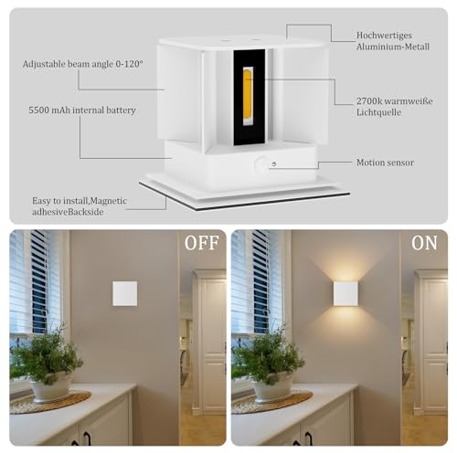 Aipsun 2 pcs LED battery wall light with motion sensor in white, wireless wall lamp with 5500mAh battery, 5W, glow on top and bottom, 2700K warm white, for indoor use.