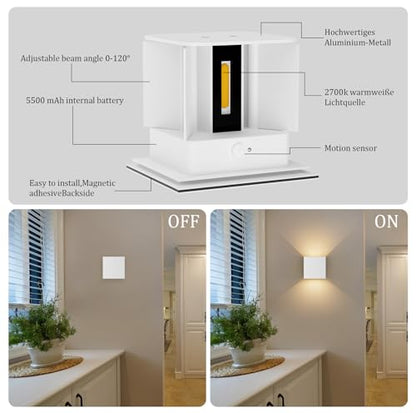 Aipsun 2 pcs LED battery wall light with motion sensor in white, wireless wall lamp with 5500mAh battery, 5W, glow on top and bottom, 2700K warm white, for indoor use.