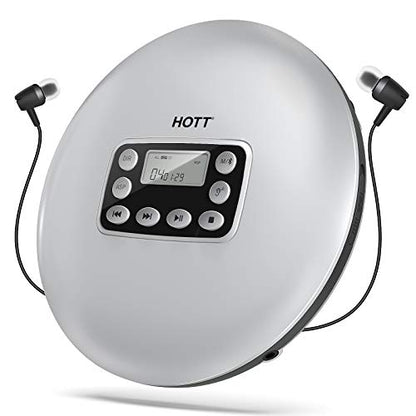 HOTT CD711T Portable Bluetooth CD Player Rechargeable for home, on-the-go, and in the car with stereo headphones and Anti-Shock Protection-Silver