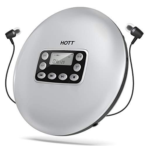 HOTT CD711T Portable Bluetooth CD Player Rechargeable for home, on-the-go, and in the car with stereo headphones and Anti-Shock Protection-Silver