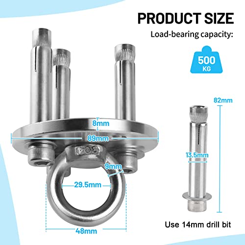 SWAWIS Heavy Duty Ceiling Hook for Hanging Chairs, Swivel Hook for 360° Rotation with a Weight Capacity of up to 500kg. Made of 304 Stainless Steel, suitable for wooden beams, punching bag mounts, and hammocks.