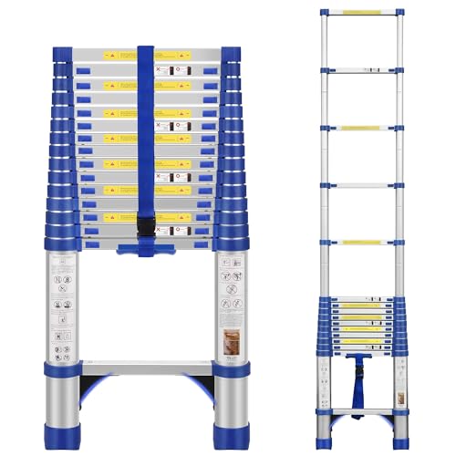 4.7m telescoping ladder with non-slip feet, made of aluminum for lightweight convenience. Portable attic ladder for heavy duty RV use, household, and outdoor work. Available in blue.