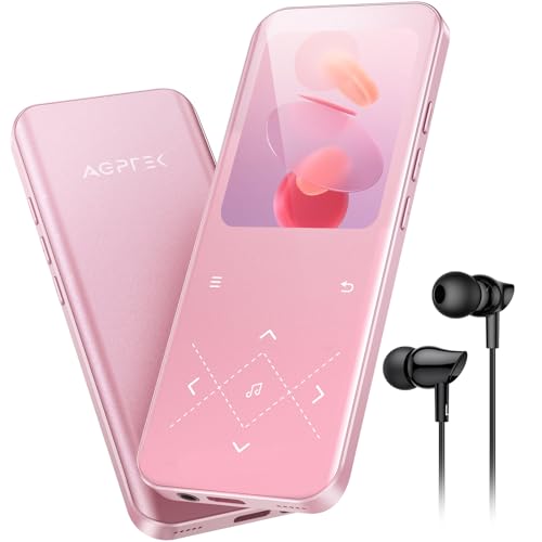 AGPTEK MP3 Player Bluetooth 5.3, 32GB HiFi Sound Music Player with 2.4 inch TFT Color Screen, Headphones, Speaker, Touch Buttons, FM Radio, E-Book, Recording, Supports TF-128GB, Pink.