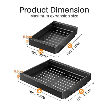 SAYZH Telescopic Drawer, Pull-Out Drawer Kitchen, Kitchen Cabinet Organizer for Kitchen Cabinets, Drawer Organizer, No Tools Required (Black, 30-50 cm W x 53 cm D x 5.8 cm H)