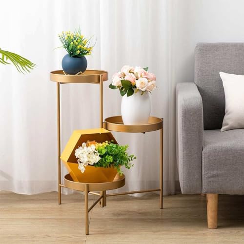 SUPTAIN 3 tier metal plant stand, flower stand with three removable trays, Multi-layer plant shelf flower shelf plant stairs for living room corner balcony terrace courtyard, Gold