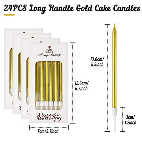 DONQL Birthday Candles, tall cake candles, long birthday candles, thin cupcake candles with holders for birthday cake, baby shower, cakes, wedding, party decoration (24 pieces, gold)