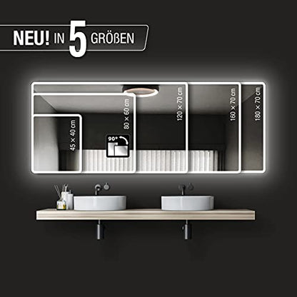 Talos Moon bathroom mirror with lighting 120x70 cm - Illuminated bathroom mirror - moisture-resistant due to aluminum frame - Light color Neutral White