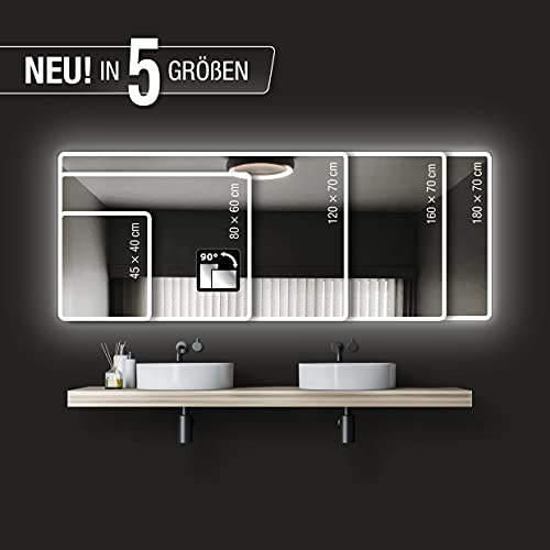 Talos Moon bathroom mirror with lighting 120x70 cm - Illuminated bathroom mirror - moisture-resistant due to aluminum frame - Light color Neutral White
