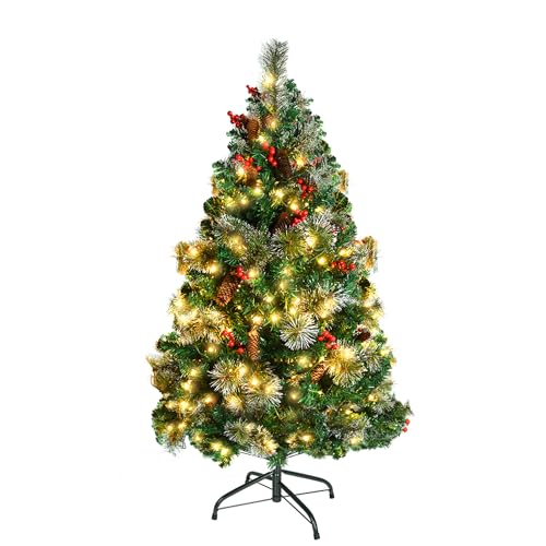 FIVMEN Artificial Christmas Tree with Lights 120 cm PVC Faux Christmas Tree with 180 LEDs and Stand Fake Christmas Trees Christmas Decorations, with Pine Cones and Berries