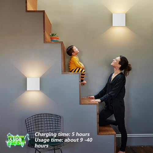 Aipsun 2 pcs LED battery wall light with motion sensor in white, wireless wall lamp with 5500mAh battery, 5W, glow on top and bottom, 2700K warm white, for indoor use.