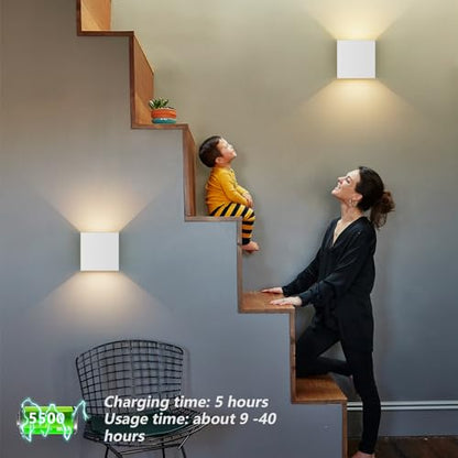 Aipsun 2 pcs LED battery wall light with motion sensor in white, wireless wall lamp with 5500mAh battery, 5W, glow on top and bottom, 2700K warm white, for indoor use.