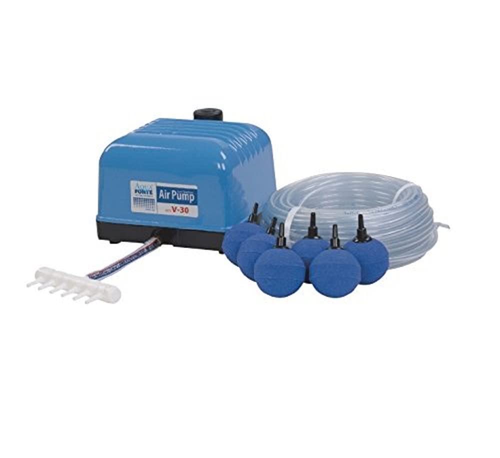 AquaForte Hi-Flow V-30 Air Pump Set, complete with air distributors, 25 m hose 4 x 6 mm, and 6 air stones 5 cm. Capacity at 2 meters is 7 liters per minute, maximum pond size 18 m3.
