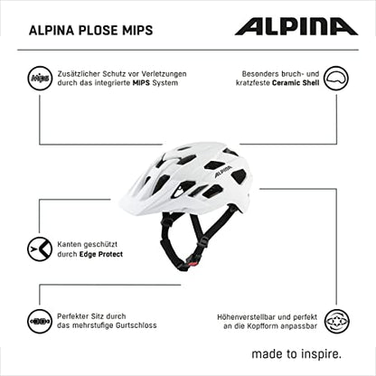 ALPINA PLOSE MIPS - Safe and comfortable MIPS Enduro & MTB bike helmet with antibacterial padding for adults, optimal protection, White matt, L (57-61 cm)