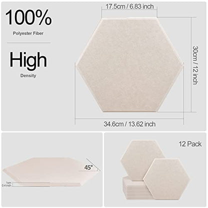 JBER Hexagonal Acoustic Panels, Soundproof Interior, Sound Absorbing Panels, 35.6 x 33 x 1cm Beveled Edge High Density Wall Tiles, for Acoustic Treatment (12 Pieces Camel)