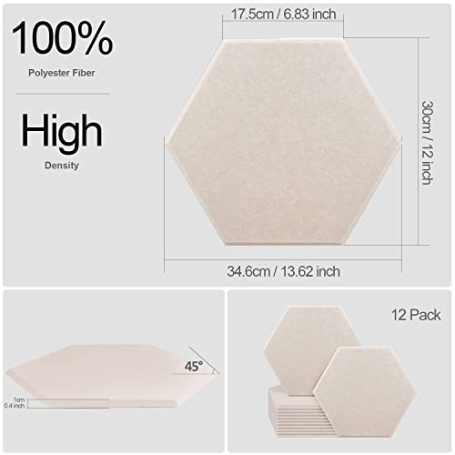JBER Hexagonal Acoustic Panels, Soundproof Interior, Sound Absorbing Panels, 35.6 x 33 x 1cm Beveled Edge High Density Wall Tiles, for Acoustic Treatment (12 Pieces Camel)