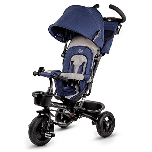 Children's trike 6 in 1 AVEO, kids tricycle, jogger with accessories, foldable, sunroof, handlebars, puncture-proof wheels, rubber wheels, from 9 months to 5 years, accessories, navy blue