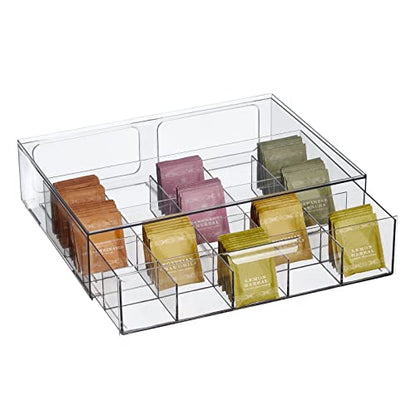 mDesign storage box for tea bags, coffee pods, sugar, etc. - compact plastic tea box with 20 compartments - kitchen organizer with a drawer - 2-pack - transparent