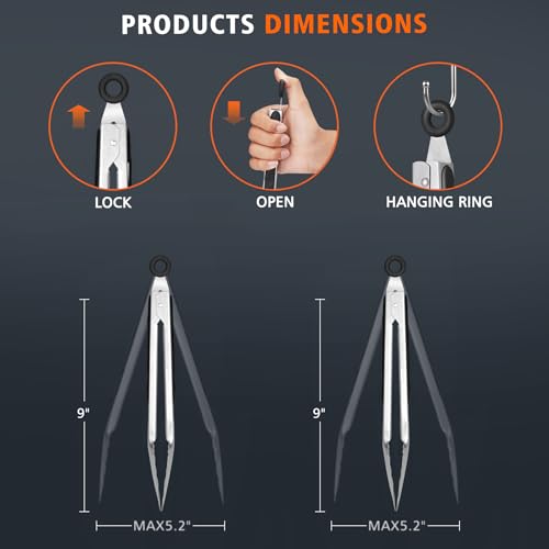 HOTEC Stainless Steel Kitchen Tongs, 2-9 inches, Metal Locking for Food, Cooking Tongs, Non-Slip Grip (Black)
