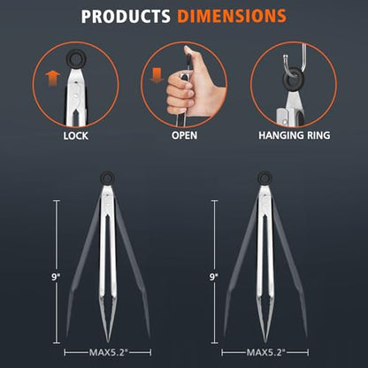 HOTEC Stainless Steel Kitchen Tongs, 2-9 inches, Metal Locking for Food, Cooking Tongs, Non-Slip Grip (Black)