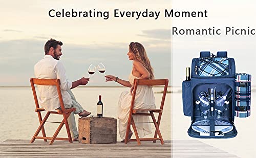 Hap Tim picnic basket backpack for 2 people with insulated leakproof cooler compartment, wine holder, fleece blanket, cutlery set, perfect for beach camping party (EU-36083-BL)