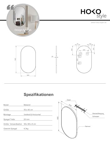 HOKO Design wall mirror oval 50 x 90 cm with metal frame matte black. Vertical and horizontal mounting possible. Oval mirror for bathroom, hallway, and bedroom. Mirror for living room, dining room.