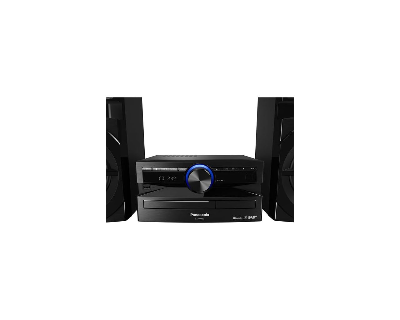 Panasonic Mini System, 300W, 2-way speakers, 13cm woofer, CD player, CD-R/RW, Bluetooth, USB, DAB/DAB+, 30 FM/15 AM RDS, AUX, audio quality, blue lighting, black DAB/DAB+ radio.