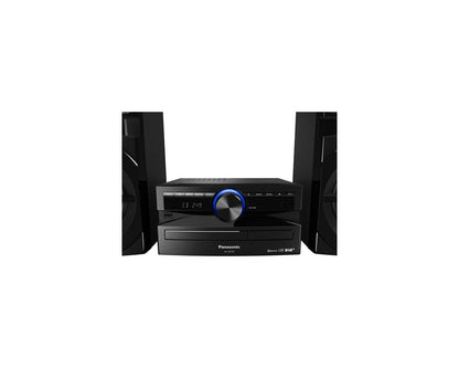 Panasonic Mini System, 300W, 2-way speakers, 13cm woofer, CD player, CD-R/RW, Bluetooth, USB, DAB/DAB+, 30 FM/15 AM RDS, AUX, audio quality, blue lighting, black DAB/DAB+ radio.
