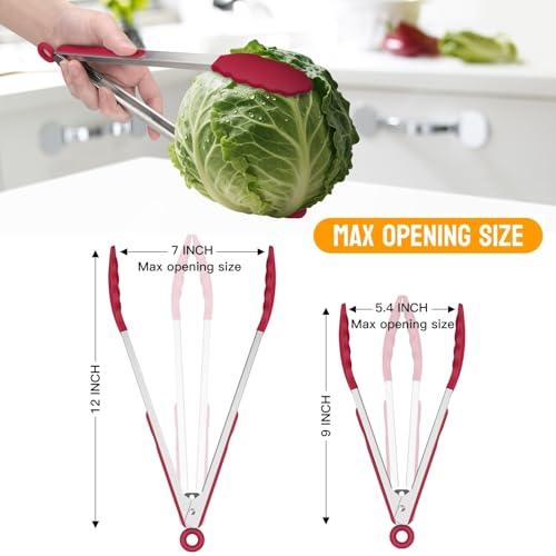 HOTEC High-quality stainless steel kitchen tongs with silicone tips, set of 2 - 9" and 12" (red)