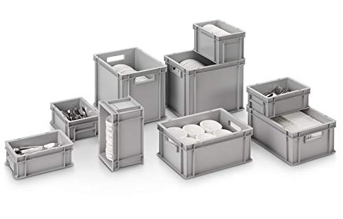 1a-TopStore Euro stacking box EB-628, 600x400x280 mm (LxWxH), reinforced ribbed bottom, grey similar to RAL7001, made of polypropylene, food-safe, 2 handles, approx. 54 liters volume.