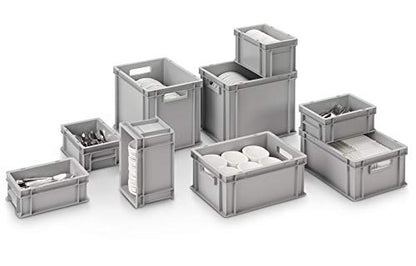 1a-TopStore Euro stacking box EB-628, 600x400x280 mm (LxWxH), reinforced ribbed bottom, grey similar to RAL7001, made of polypropylene, food-safe, 2 handles, approx. 54 liters volume.