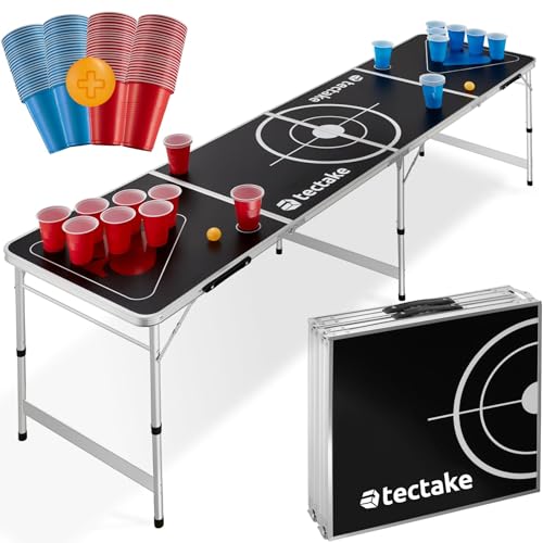 tectake® Beer Pong Table, includes 100 cups (50 red & 50 blue) and 6 balls, adjustable height, foldable table with carry handles, adult party games, drinking game