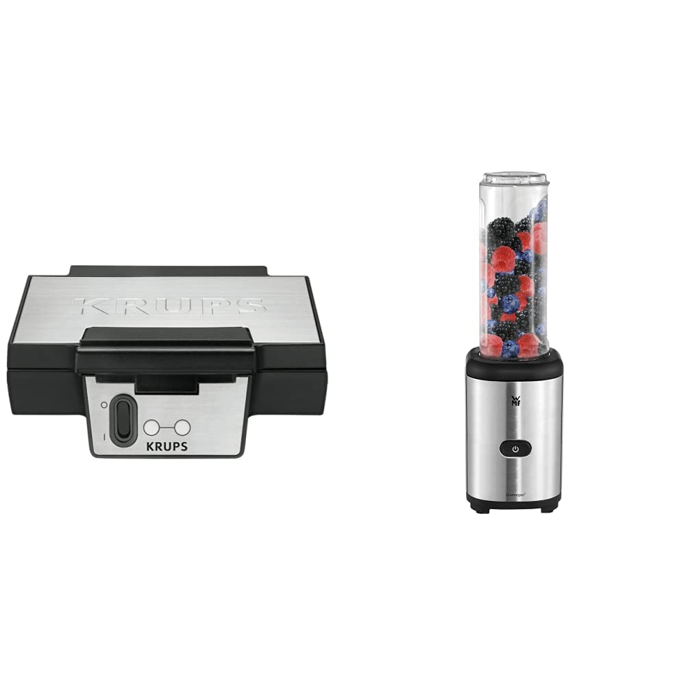 Krups Waffle Maker FDK251, Double Waffle Iron, 2 Belgian Waffles at once, Non-Stick Plates 850W | Black & WMF Kult X Mix & Go Mini Smoothie Maker, Shake Mixer 300W