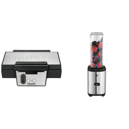 Krups Waffle Maker FDK251, Double Waffle Iron, 2 Belgian Waffles at once, Non-Stick Plates 850W | Black & WMF Kult X Mix & Go Mini Smoothie Maker, Shake Mixer 300W