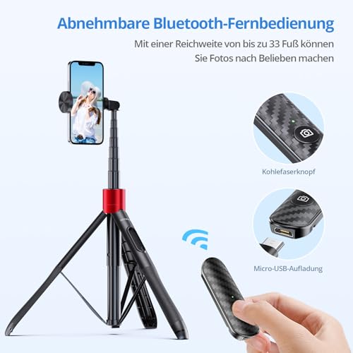 ATUMTEK Selfie Stick 150CM 3 in 1 Selfie Stick Bluetooth Telescopic Selfie Stick Tripod with Detachable Remote Phone Tripod for iPhone 13 Pro Max, Samsung, and other smartphones Red