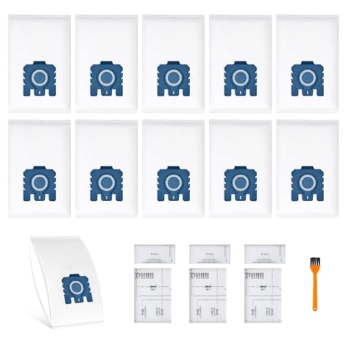 10 Replacement vacuum cleaner bags compatible with Miele vacuum cleaners GN series, Classic C1, Complete C2, Complete C3, S2, S4, S5, S6, S8 series. Includes 3 motor protection filters and 3 exhaust filters.