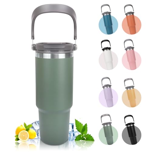 Riley Joy thermal cup 900ml, 1200ml drinking cup with lid and stainless steel straw insulation for hot and cold drinks coffee mug for water, coffee or iced tea (Green, 900 ml)