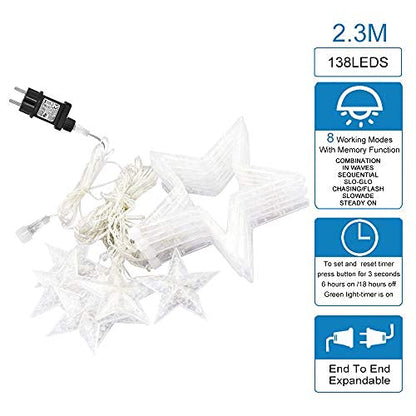 12 star LED string lights, curtain of lights, Christmas lights, star curtain with 138 LEDs, 8 modes for indoor and outdoor use, perfect for Christmas, parties, decorations, weddings, gardens, and balconies.