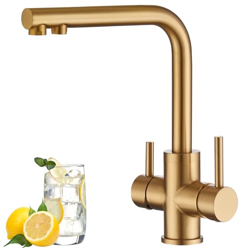 CREA 3-way kitchen faucet, 360° swivel kitchen mixer tap, Three-way tap, 3-in-1 kitchen tap with 2 levers, Gold drinking water tap.