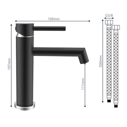 Black Bathroom Faucet, Ulytid Sink Faucet for Bathroom, Stainless Steel Single Handle Basin Tap, Cold & Hot Water Mixer Tap, Basin Faucet with Spout Height 111 mm